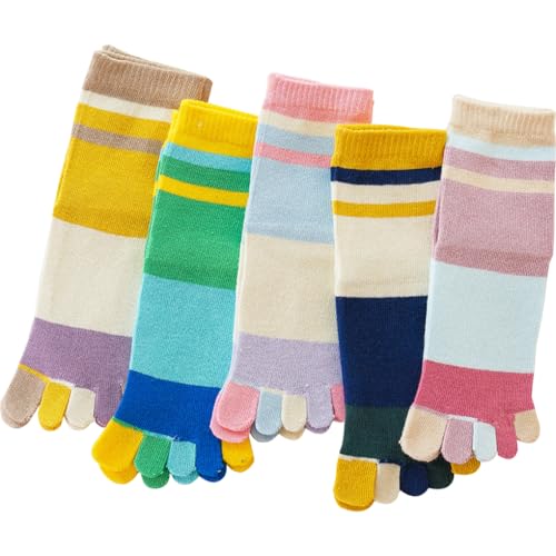 Kids Cotton Toe Socks, Five Finger Socks Rainbow Striped Crew Socks for Children 2-10 Years, 6 Pairs