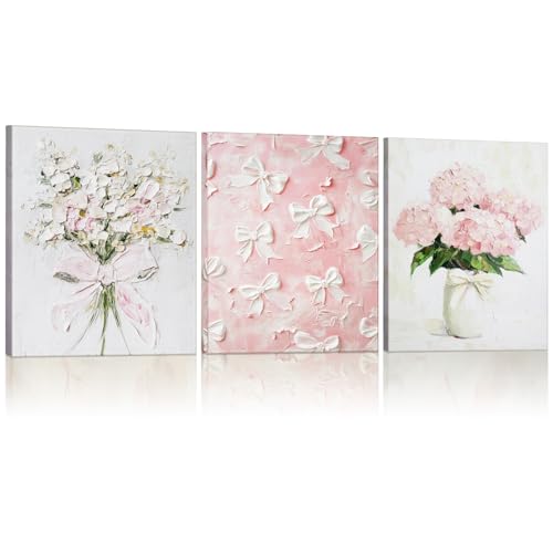 AmazingSpark 3 Pcs Pink Bow Flower Canvas Wall Decor Coquette