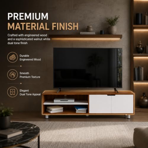 Image of GRATUS Duston Engineered Wood Wall Mount TV Stand | Modern Entertainment Unit with Set Top Box Shelf | Dual Tone Walnut & White | Easy DIY Setup