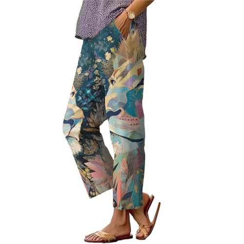 Women's Abstract Animal Printed Pants Funny Cat Pattern Ladies Trousers Summer Straight Leg Trendy Outfits