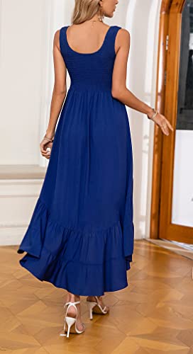 Image of Kormei Women's Casual Smocked Tank Dress Sleeveless High Low Flowy Summer Beach Tiered Loose Maxi Long Dresses XL Blue
