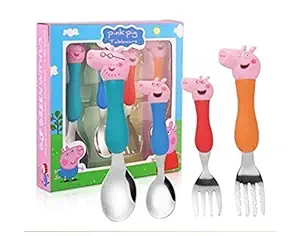 YBN Pe-ppa Pigg Heavy Quality Games Theme Stainless Steel Baby Feed Spoon and Fork Set- Multi Color