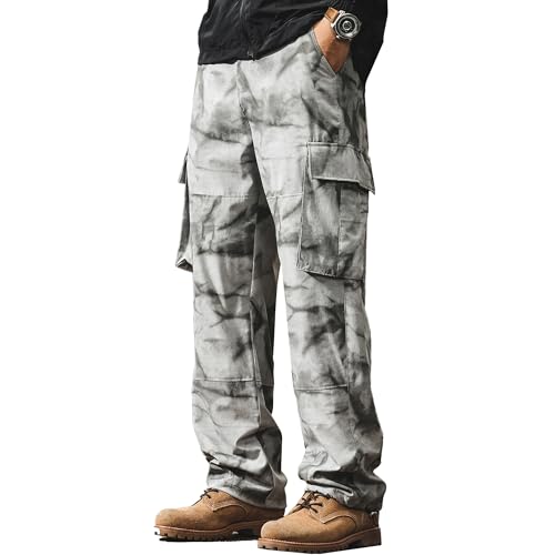 XYXIONGMAO Men's Grey Cargo Pants Cloud Wash Tie-Dye Hip Hop Streetwear Techwear Utility Loose Multi-Pockets Overalls for Men