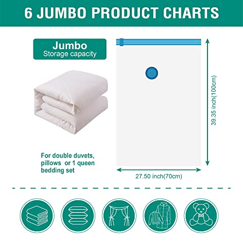 6 Jumbo Vacuum Storage Bags, Space Saver Bags Compression Storage Bags for Comforters and Blankets, Vacuum Sealer Bags for Clothes Storage, Hand Pump Included