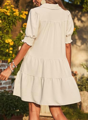 Image of Dokotoo Casual Dresses for Women Lapel Collared V Neck Mid Sleeved Pleated Summer Dresses for Women 2026 Midi Dresses