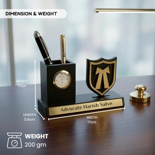 Image of Giftana Personalized Advocate Pen Stand with Name & Clock | Wooden Desk Organizer with Advocate Emblem | Customized Pencil Holder for Lawyers | Office Desk Decor | Birthday Gift for Advocate