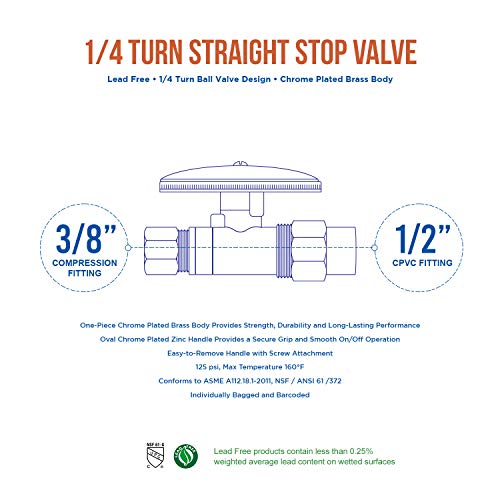 Image of Midline Valve 82412QS-OM-5 Water Supply Stop Valve with Quarter Turn Wheel; One Piece Design; Straight Shut-off for Toilet, Sink, Dishwasher; 1 /2 in. CPVC x 3 /8 in. COMP; Chrome Plated Brass (5 Pack)