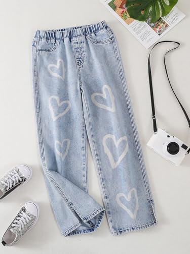 WDIRARA Girl's Graphic Print Elastic Waist Jeans with Pockets Wide Leg Long Pants4