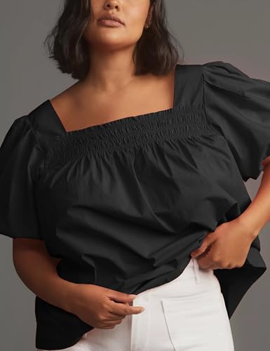 Short Puff-Sleeve Dressy Blouses Smocked Square Ruffle Neck Loose Shirts Casual Womens Tops4