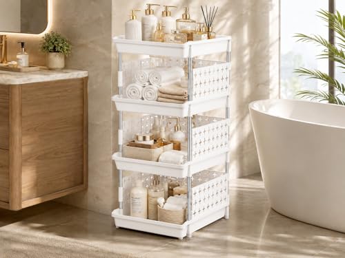 Image of KITCHIVO Multipurpose Storage Rack Organizer with Stainless Steel Pipes | Heavy Duty Plastic Shelf Stand for Kitchen, Bathroom, Laundry & Pantry (White, 4 Layer)