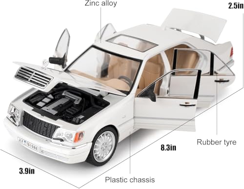Image of 1:24 Benz W140 S320 Model Car, Diecast Collectible Pull Back Toy Car, Retro Classic Car with Sound and Light for Adults, Kids, Boys (White)