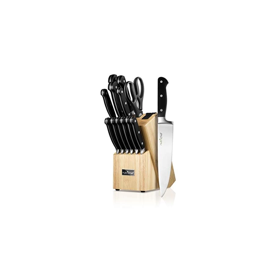 Kitchen-Knife-Set NutriChef 13-Piece Kitchen Knife Set with Wooden Block - Precision Crafted Stainless Steel Knives with Scissors & Built-In Sharpener - Lightweight, Durable, & Razor Sharp - Dishwasher Safe (NCKNS13)