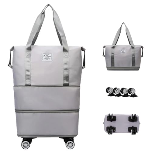 Expandable Carry Luggage Bag with Wheels Foldable Rolling Duffle Bag Large Capacity Dry Wet Separation Travel Bag Lightweight Suitcases for Men Women(Gray) - Main Image