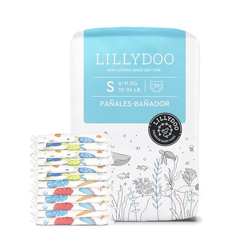 Pañales-bañador LILLYDOO desechables, respetuosos con la piel, para bebés talla S (+6 kg), 1 paquete (20 unidades) con dos diseños 'Shell Yeah' y 'Tiny Turtles', para una protección segura en el agua