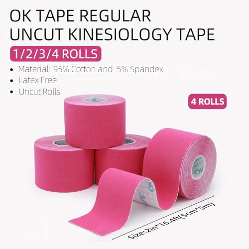 Image of OK TAPE Kinesiology Tape (4 Pack) Latex Free Cotton Uncut 2in x 16.4ft | Regular Original Elastic Water Resistant Therapeutic Athletic Tape for Support Muscle Joint Knee Injury Recovery Pink