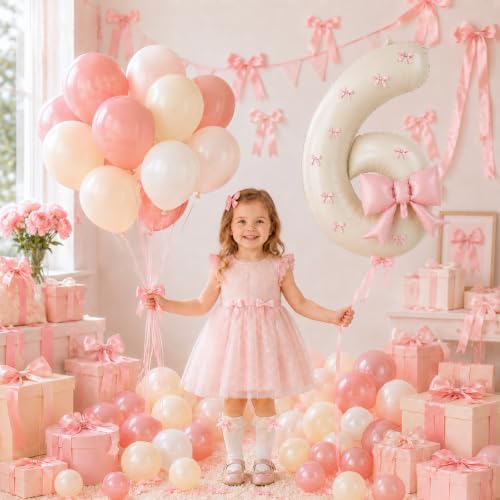Image of 40 Inch Pink Beige Number 6 Balloon Tower with Bow 6th Birthday Decorations