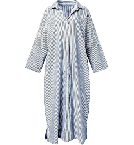 Image of ebossy Women's Oversized Boho Striped Shirt Dress Button Up Long Sleeve Flowy A Line Caftan Dress with Pockets