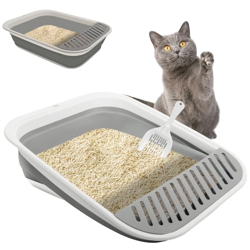 Reisetoilette Faltbare Flache Katzenklo, XXL, offene Katzentoilette, mit Schaufel, für Kätzchen und große Katzen, Grau