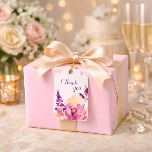 Image of CVANU Floral Thank You Gift Tags (Set of 100), Elegant Flower Design (D15) Hanging Tags with Gold String for Wedding Return Gifts & Small Business Packaging (2.85 x 1.7 Inch)