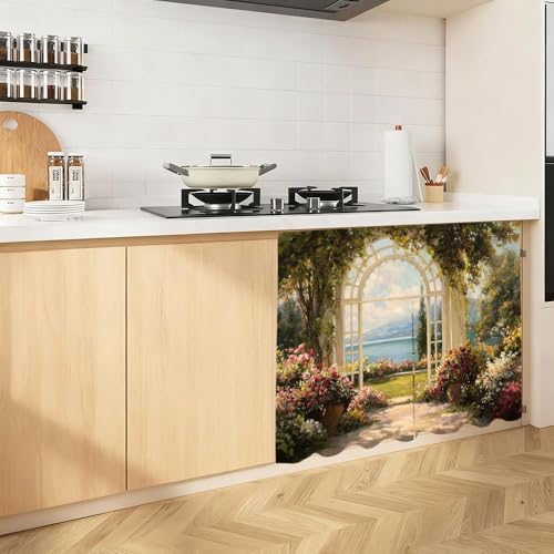 Image of Self Adhesive Secret Garden Cabinet Curtain for Mother's Day, 39x28 Inch Lake Scenery Under Sink Skirt No Drill, Spring Cleaning Kitchen Decor, Hook and Loop Laundry Valance