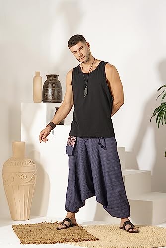 Image of The Veshti Company Cotton Baggy Pants Drop Crotch Harems for Men's Loose Boho Oversized Striped Meditation Yoga Pant with Pocket