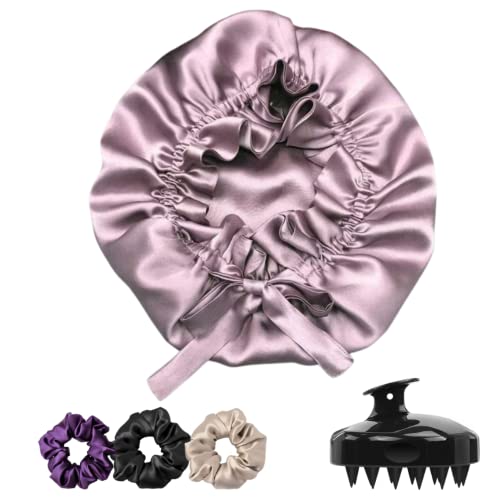 Image of Silk Satin Hair Bonnet Reversible Adjustable tie Band Reusable showercap Satin bonnet Wrap Silk Bonnet Hair with Hair Scalp Massager Shampoo Brush and scrunchies (Rose Taupe)