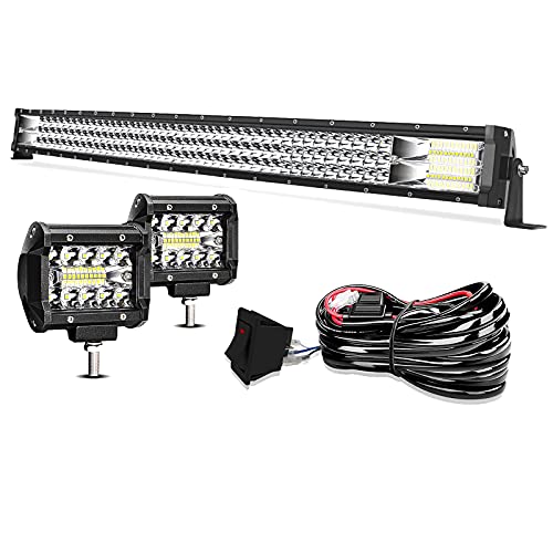 42 Inch LED Light Bar T-Former Triple Row 576W Flood Spot Combo Beam Off Road Lights 2pc 4 Inch 60W Led Pod Lights with Rocker Switch Harness Wiring for Trucks ATV UTV Jeep Boat Pickup