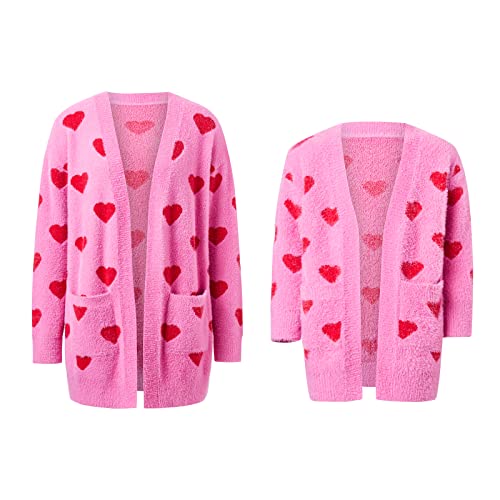 Mom and Daughter Matching Clothes Women Little Girls Heart Cardigan Sweater Valentine's Day Cardigan with Pockets