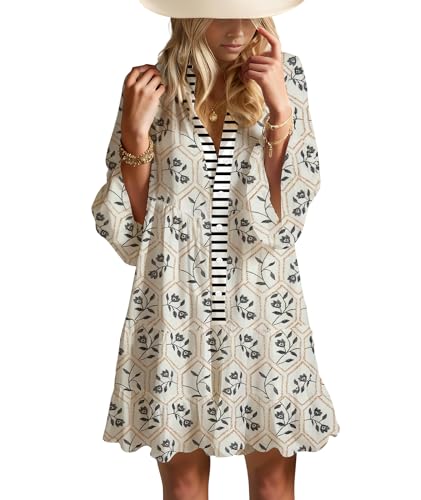 Image of Opemiby Summer Dresses for Women 2026 Flowy Ruffle 3 /4 Sleeve V Neck Tiered Casual Babydoll Boho Beach Mini Dress