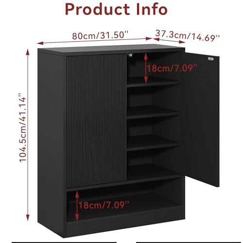 Image of Fluted Shoe Cabinet with Doors, 2 Pieces 41 inch Tall Entryway Shoe Organizer Cabinet with Adjustable Shelves, 5-Tier Modern Wood Free Standing Shoe Rack for Hallway, Living Room, Closet, Black