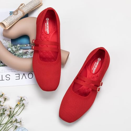 Image of Frank Mully Women's Flats Square Toe Mary Jane Shoes Ballet Flats with Strap Comfortable Slip On Knit Shoes Dressy Casual