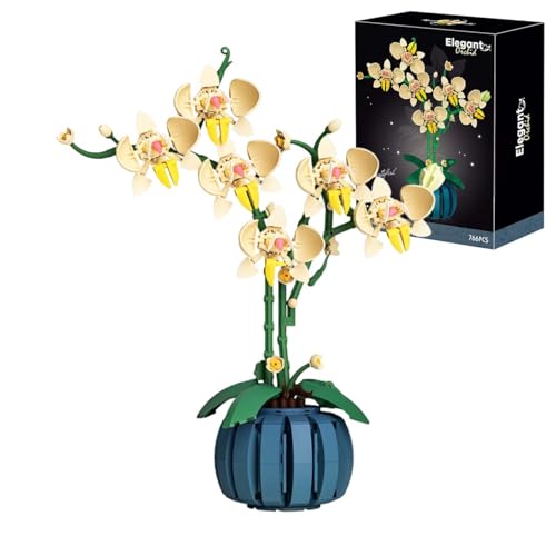 DelightCube Kit de construcción de flores de orquídea, juego de construcción de bonsái de orquídea para decoración del hogar, colección botánica en orquídea blanca y amarilla, para adultos y niños,