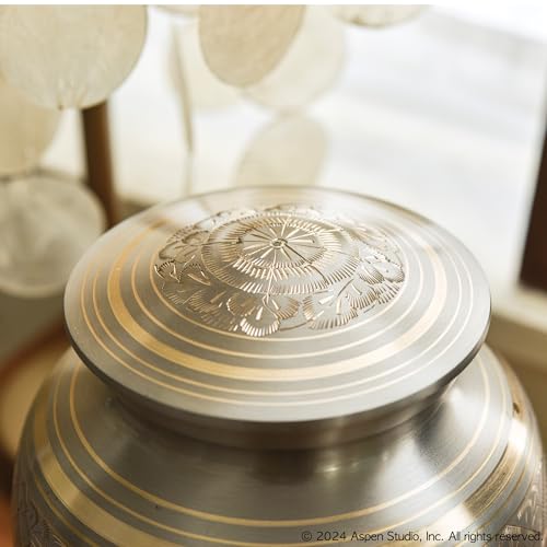 Image of AspenStudio Platinum Brass Cremation Urn for Adult Human Ashes - Large Handcrafted Funeral Memorial Urns Brass Urn Capacity 225 lbs