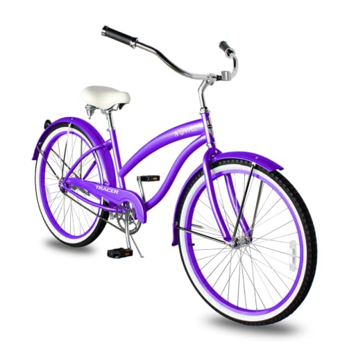 Bicicleta Tracer Nova Beach Cruiser para Mujer, ruedas de 26 pulgadas, marco de acero Hi-Ten, 1 velocidad, freno contrapedal, bicicleta híbrida para adultos, bicicletas cruiser completas, color púrpura