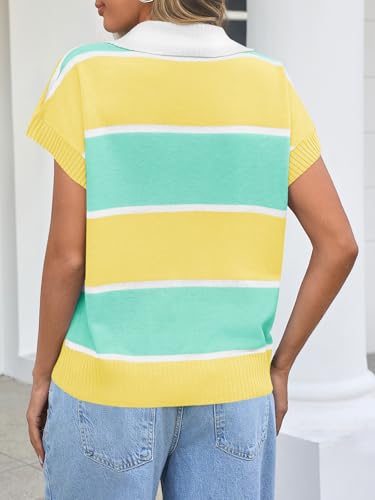 Image of Saodimallsu Women's V Neck Button Down Striped Short Sleeve Knit Sweater