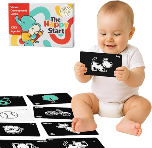 Image of Happy Start High Contrast Baby Cards for Newborns - Black & White Cards, Water-Resistant, BPA-Free, Portable Educational Flashcards for Visual Stimulation, Award-Winning, Ages 0+ (English)