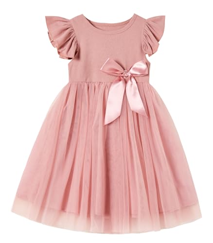 Rysly Toddler Girls Ruffle Sleeve Tulle Dress Elastic Waist Bow Kid Casual Sundress (Dusty Pink,150)