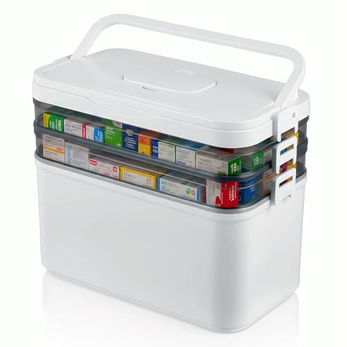 Makdly Medicine Storage Box, 3 Layer Medicine Box, Medication Storage Box with A Portable Weekly Pill Organizer, Medicine Storage with Handle for Home,School, Outdoor, Office, Travel