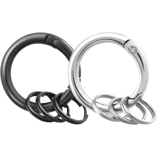 Mxxipp 2pcs Spring O Ring with Key Rings, Alloy Round Spring Keychain Clips, Small Circle Carabiner Snap Hook Replacement for Purse Bag DIY Crafts- Black & Gray