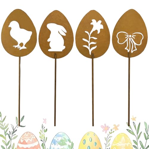 KHDULQ Osterhasen Gartenstecker 4Stück Edelrost Oster Hase Gartenstecker Deko Rost Ostern Rost Deko Gartendeko für Draußen,Gartendekoration im Landhausstil, Osterdekoratio