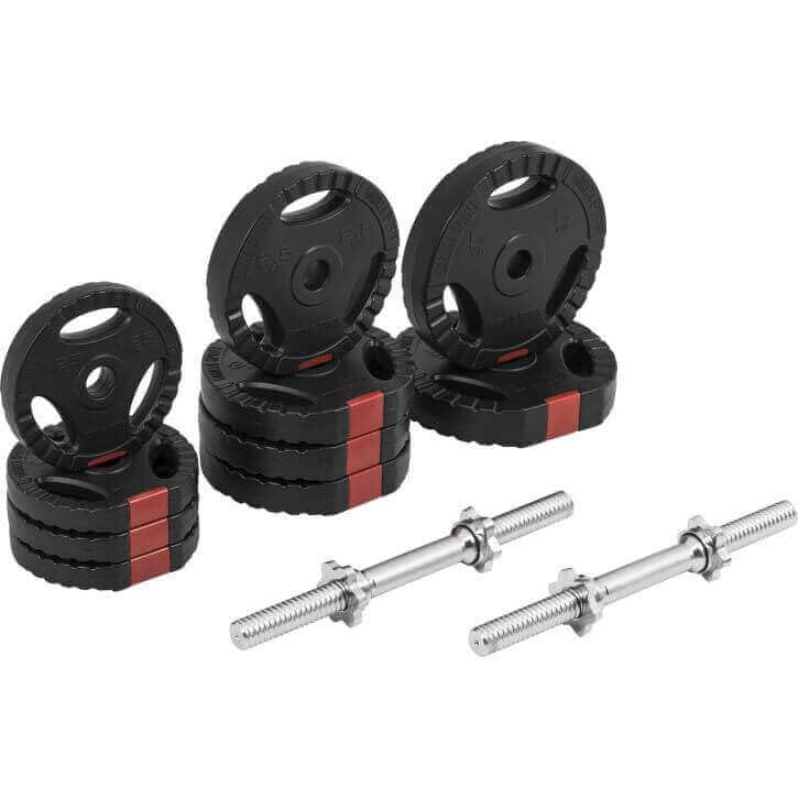 GORILLA SPORTS® Kurzhanteln 30 kg, 2er Set, 30 mm, Kunststoff, Gerändelt | Mit 2 Kurzhantelstangen, 4 Sternverschlüssen und 10 Hantelscheiben: 4 x 1,25 kg, 4 x 2,5 kg, 2 x 5 kg; Hantelset