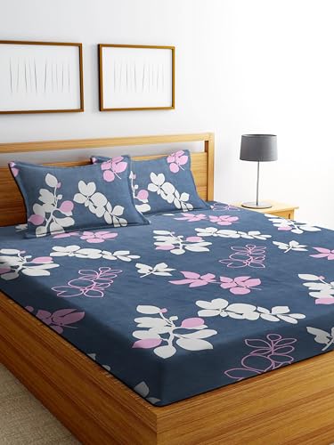Image of DECORUM Glace Cotton Fitted 1 Bedsheet King Size (72 inchx78 inch) | All Around Elastic | Cotton Feel | 2 Pillow Covers (17 inchx27 inch) | Fits Up to 8 inch Mattress | 200-220 TC | Printed Double Bed Sheet Set