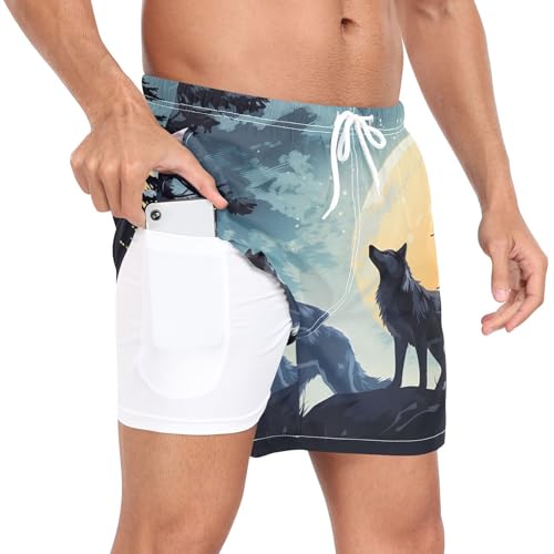 2 in 1 Mens Wolf Swim Trunks 4.7 Inch Swim Shorts Swim Suits Board Shorts（748）2