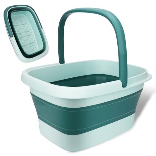 WUSUPU Pediluvio pieghevole per Pediluvio da 15L con Manico e Rulli massaggianti,Bacinella pieghevole,Vaschetta pedicure,Idromassaggio Plantare,Ergonomica,Leggera e Salvaspazio – Verde Chiaro