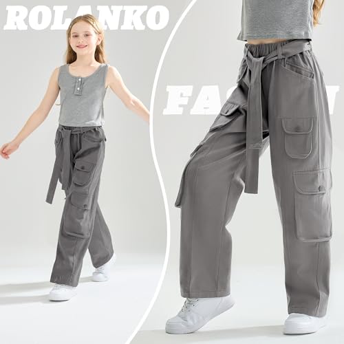 Image of Rolanko Girls Cargo Pants Baggy Y2K Cargo Trousers Jeans Wide Leg Pants with Multi Pockets 4-15 Years