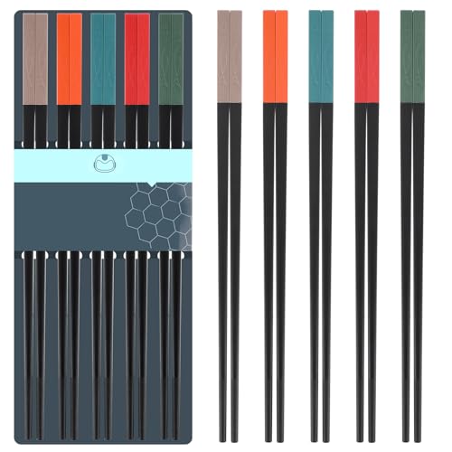 Amabro Lot de 5 paires de baguettes réutilisables en fibre de verre, 24,3 cm, antidérapantes, légères, passe au lave-vaisselle, japonais, chinois, coréen pour les fêtes