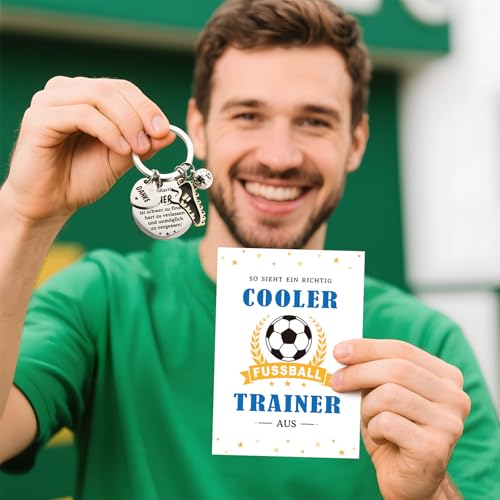 Fussball Trainer Geschenk Schlüsselanhänger Abschiedsgeschenk Coach Fußball Dankeschön Geschenke Fußballtrainer Abschied Edelstahl Schlüsselring mit Dankeskarte Lehrertag Geburtstag Geschenkideen
