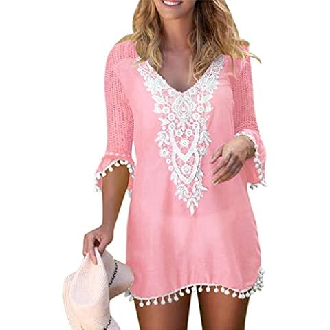 Qixuan Women's Pompom Chiffon Tassel Swimsuit Beach Bikini Cover Ups for Swimwear A-Pink Cover