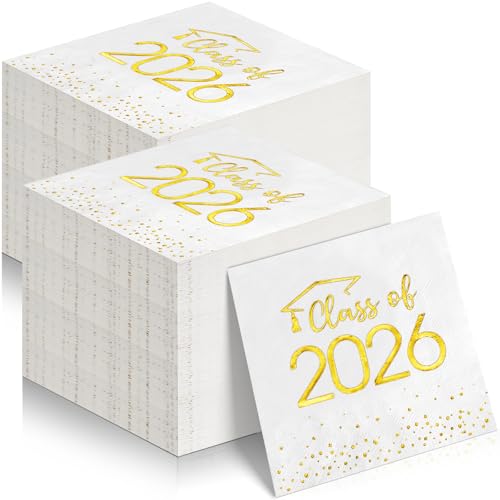200Pcs Class of 2026 Graduation Napkins Disposable Congrats Grad Paper Napkins Square Foil Dot Hand Towels for 2026 High School University College Graduation Party Decorations (Gold)