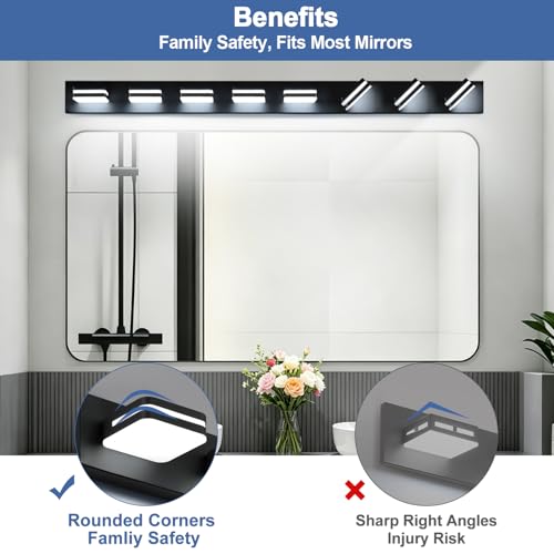 Image of Torondo 360 Rotate LED Bathroom Vanity Light Fixtures, Acrylic Vanity Lights for Bathroom, Modern Wall Lighting Fixtures Over Mirror Living, Matte Black, Natural White, 8-Light, 53-Inch